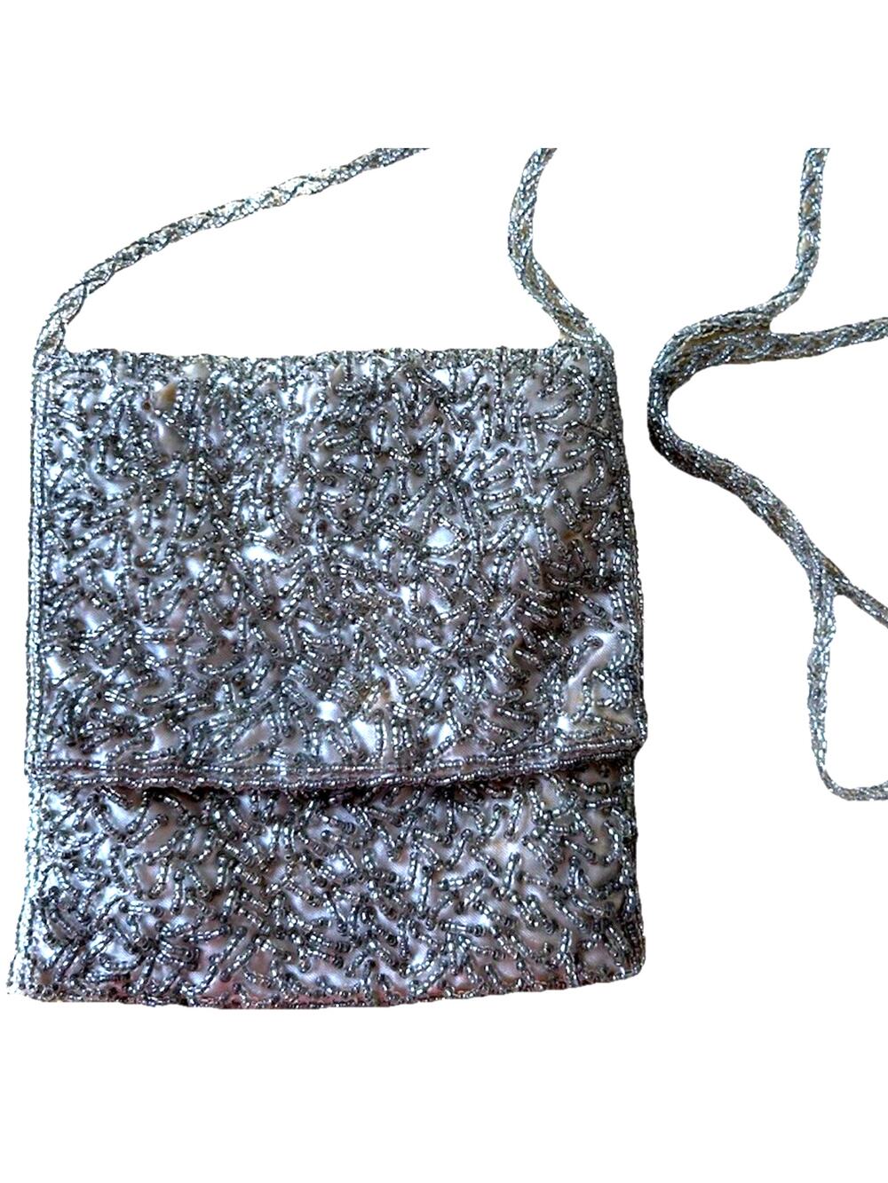 VTG Silver Beaded Tiny Purse Formal Bag Prom Dance Formal Wedding Guest 40s 50s